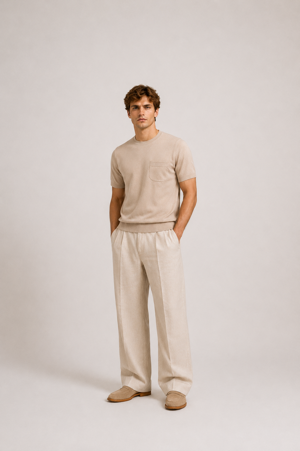 Beige Short Sleeve Knit T-Shirt