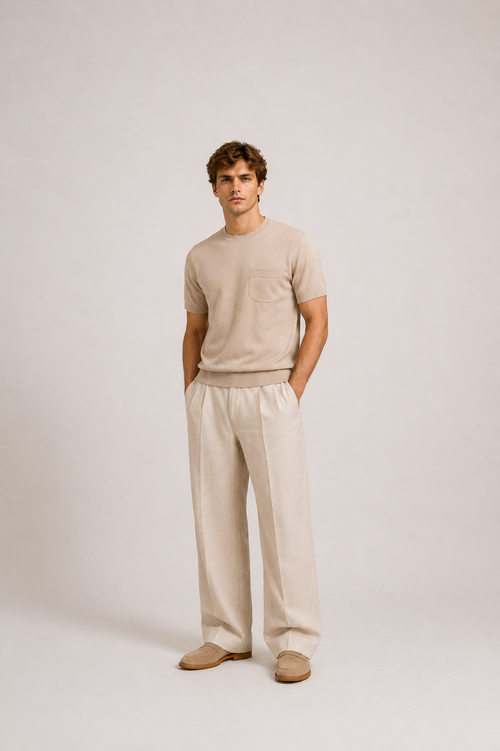 Beige Short Sleeve Knit T-Shirt