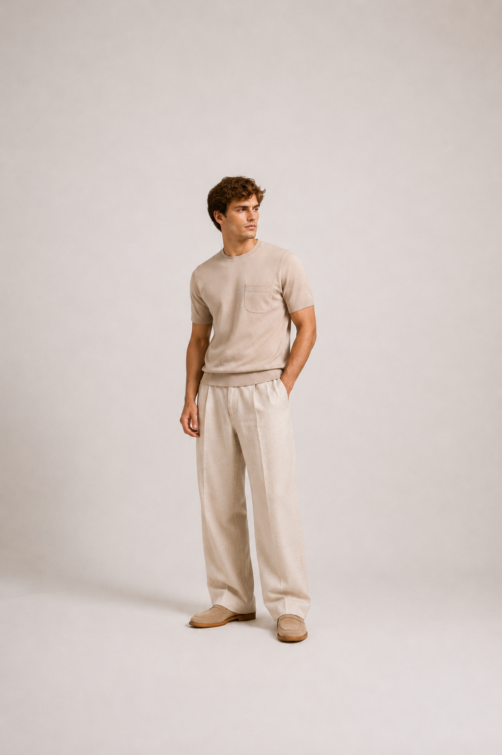 Beige Short Sleeve Knit T-Shirt